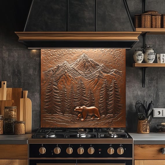 Copper Bear Mountain Tempered Glass Kitchen Backsplash: Rustic Decor