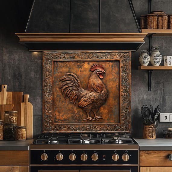 Rustic Rooster Tempered Glass Kitchen Backsplash: Farmhouse Decor