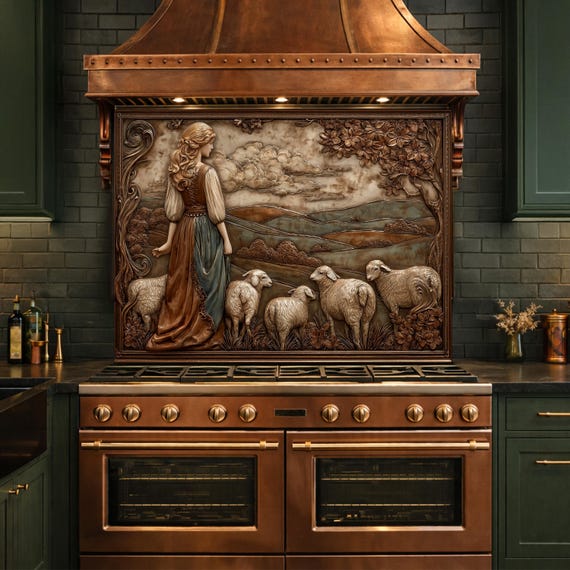 3D-Effect Copper Shepherdess Tempered Glass Kitchen Backsplash – Pastoral Countryside Scene Wall Panel, Custom Size