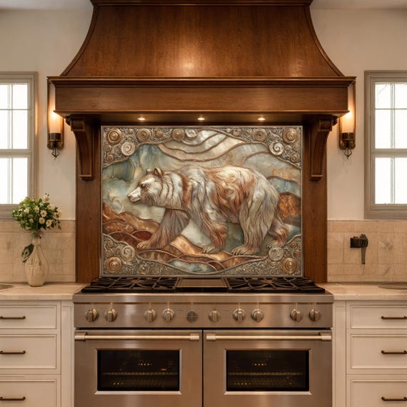 Grizzly Bear Tempered Glass Backsplash, Copper Look Wildlife Mountain Wall Panel, Custom Size