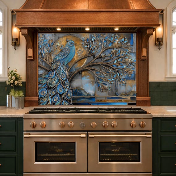 Tempered Glass Peacock Kitchen Backsplash Panel, Blue Gold Mosaic Art Stove Guard