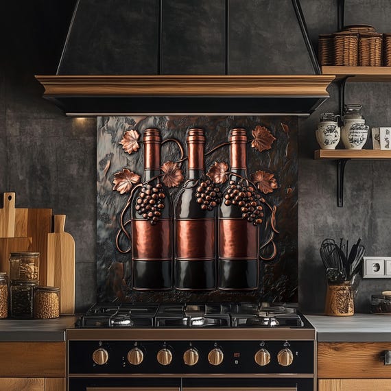 Wine Bottle Tempered Glass Kitchen Backsplash: Rustic Vineyard Decor