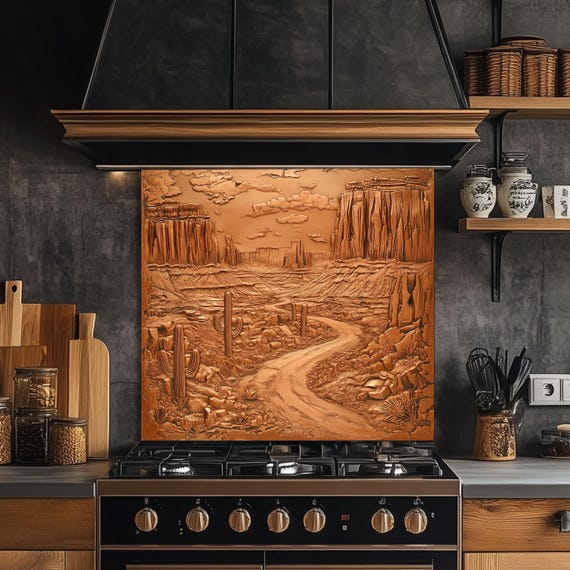 Desert Canyon Kitchen Backsplash, Copper Look Tempered Glass Art, Custom Size Design