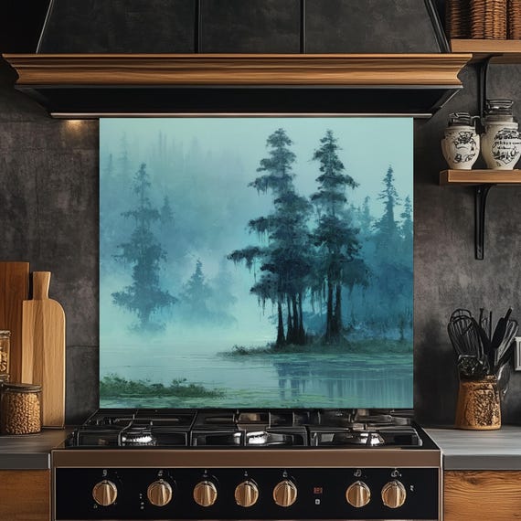 Misty Cypress Swamp Tempered Glass Backsplash - Foggy Lake Kitchen Splashback — tempered glass kitchen backsplash