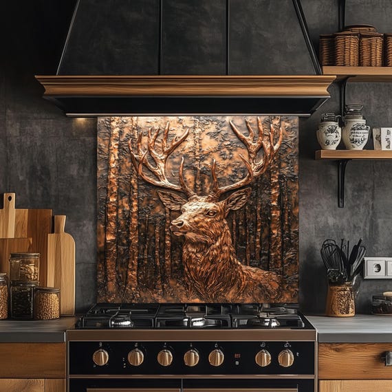 Copper Deer Glass Backsplash, Rustic Wildlife Stove Guard, Heat Resistant Easy Clean Kitchen Art