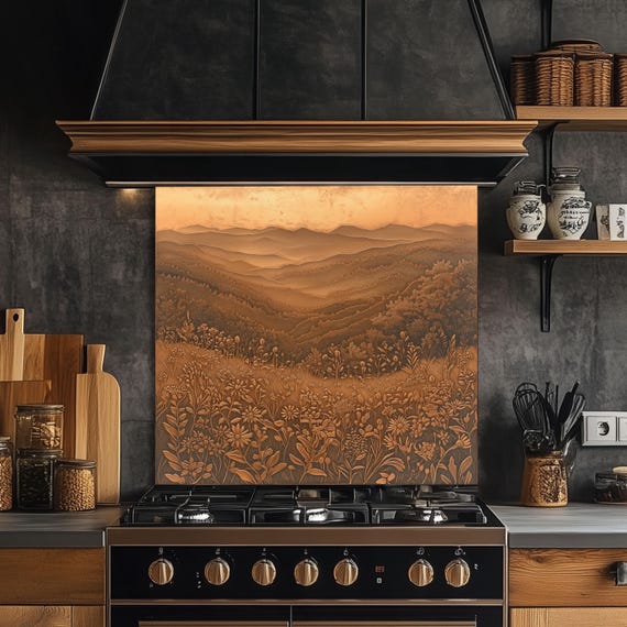 Tempered Glass Kitchen Backsplash: Copper Mountain & Wildflower Design
