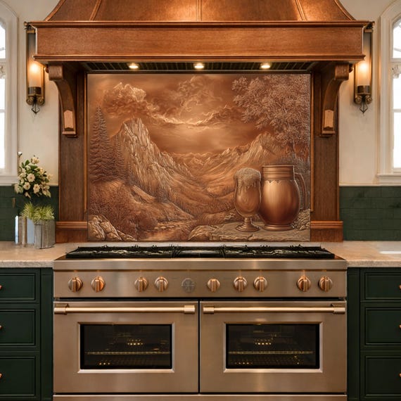 Alpine Peak Tempered Glass Backsplash, Copper Look Mountain Wall Panel, Custom Size