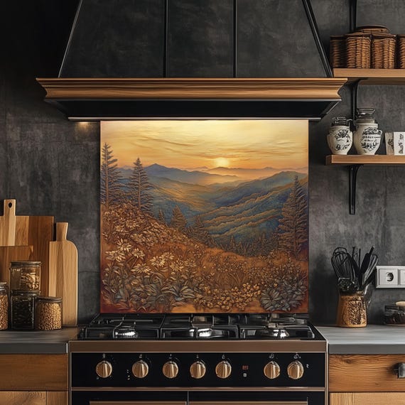 Mountain Landscape Backsplash, Floral Mountain Glass Splashback for Kitchen, Custom Size