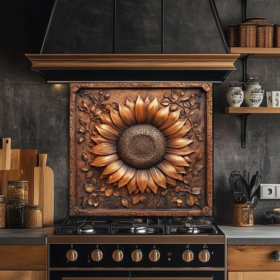 Copper Sunflower Glass Backsplash, Rustic Farmhouse Stove Guard, Heat Resistant Easy Clean Art