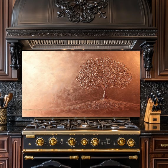 Tree of Life Tempered Glass Backsplash: Rustic Copper Kitchen Panel