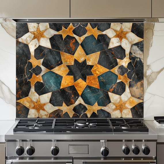 Moroccan Tile Glass Backsplash, Geometric Floral Stove Guard, Heat Resistant Easy Clean Kitchen Art