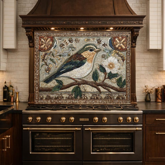 Bird Mosaic Tempered Glass Kitchen Backsplash, Cottage Farmhouse Decor