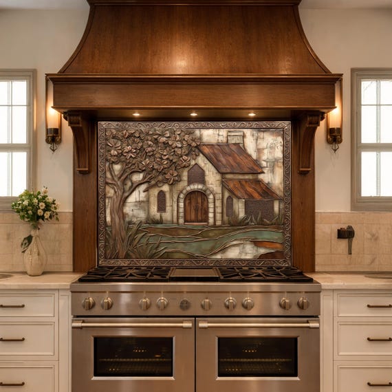 Vintage Cottage Tempered Glass Backsplash, Copper Look Farmhouse Wall Panel, Custom Size