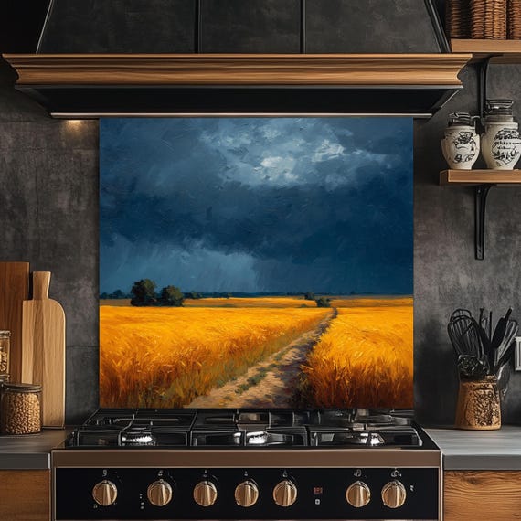 Golden Wheat Field Tempered Glass Backsplash: Farmhouse Kitchen Wall Art — tempered glass kitchen backsplash