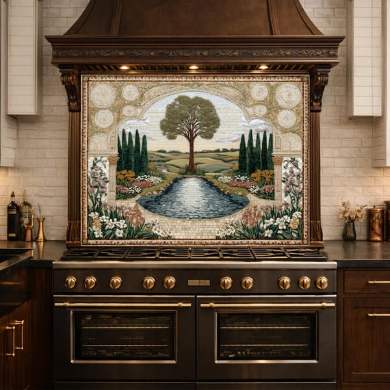 Garden Landscape Tempered Glass Kitchen Backsplash, Mediterranean Stove Panel