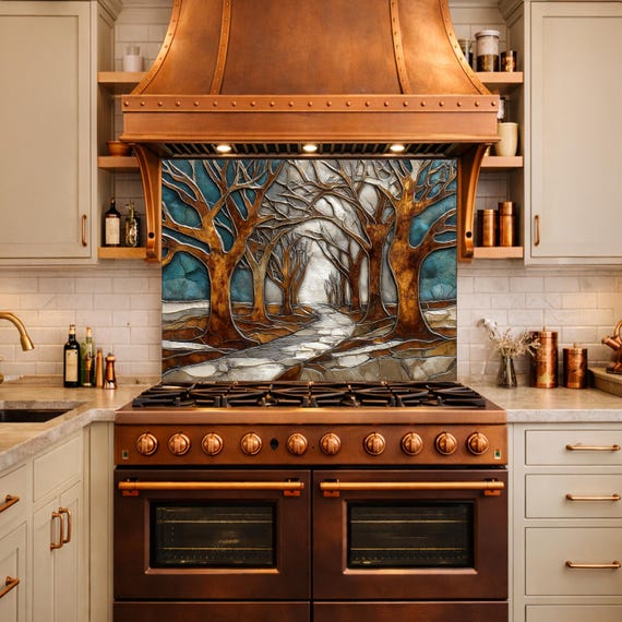 Tempered Glass Kitchen Backsplash, Forest Path Tree Landscape Art Stove Guard — tempered glass kitchen backsplash