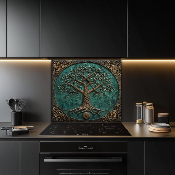 Celtic Tree of Life Metal Kitchen Backsplash: Green & Gold Wall Art