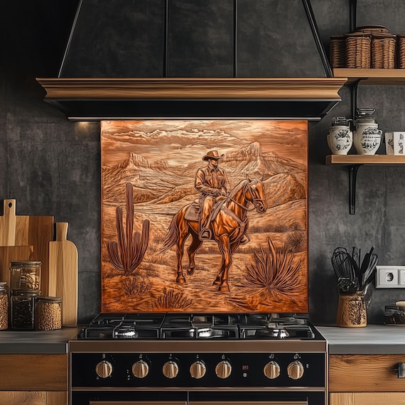 Copper Cowboy Glass Backsplash, Rustic Western Stove Guard, Heat Resistant Easy Clean Kitchen Art