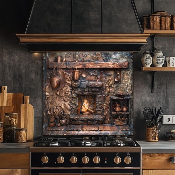 Copper Fireplace Glass Backsplash, Rustic Cookware Stove Guard, Heat Resistant Easy Clean Kitchen Art