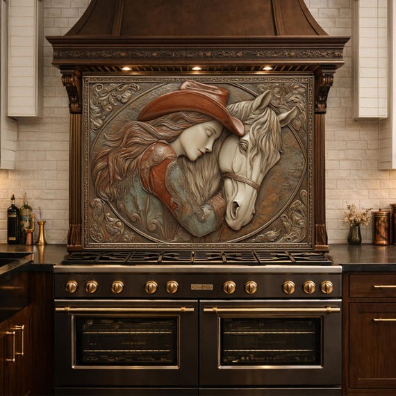 Romantic Cowgirl and Horse Bond Tempered Glass Backsplash, Rustic Western Relief Wall Panel