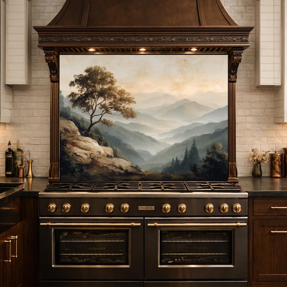 Mountain Landscape Glass Kitchen Backsplash – Serene Nature Stove Decor