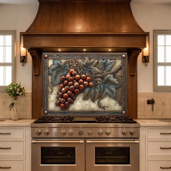 Vineyard Harvest Tempered Glass Backsplash, Copper Look Grapes and Vines Wall Panel, Custom Size