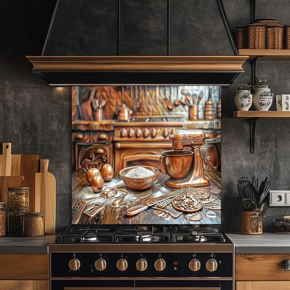 Copper Baking Tools Tempered Glass Kitchen Backsplash: Rustic Stove Panel