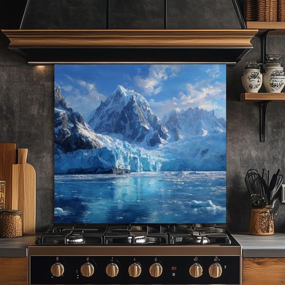 Arctic Mountain Glacier Kitchen Backsplash, UV Printed Tempered Glass, Custom Size Design
