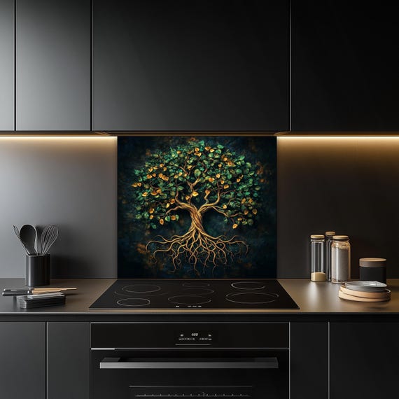 Green Tree of Life Tempered Glass Kitchen Backsplash: Heat Resistant Stove Wall Protector