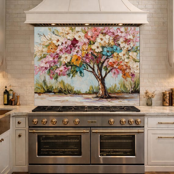 Colorful Blossom Tree Glass Kitchen Backsplash Panel, Floral Wall Art Stove Guard Decor