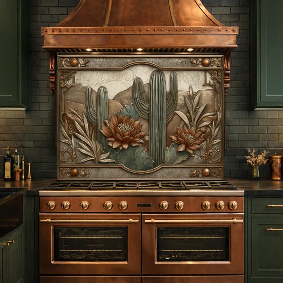Desert Botanicals Tempered Glass Backsplash, Copper Look Cactus Floral Wall Panel, Custom Size