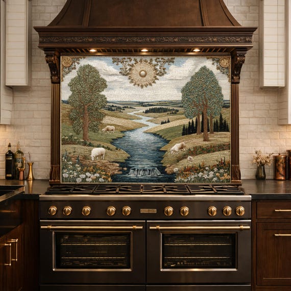 Farmhouse Landscape Tempered Glass Backsplash, Rustic Country Kitchen Decor