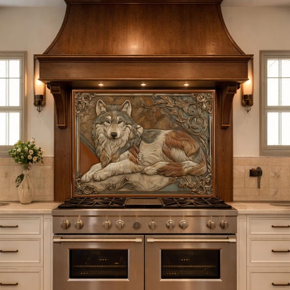 Noble Wolf & Filigree Scroll Tempered Glass Backsplash, Copper Relief Look Wall Panel, Stove Guard