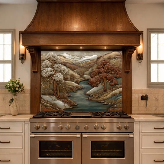 3D-Effect Copper Landscape Tempered Glass Kitchen Backsplash – Mountain River Wall Panel, Custom Size
