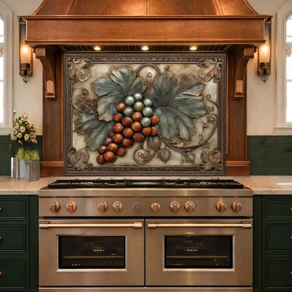 Vineyard Harvest Tempered Glass Backsplash, Copper Look Grapes and Leaves Wall Panel, Custom Size