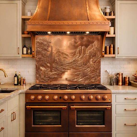 Desert Oasis Tempered Glass Backsplash, Copper Look Saguaro Cactus Wall Panel, Custom Size