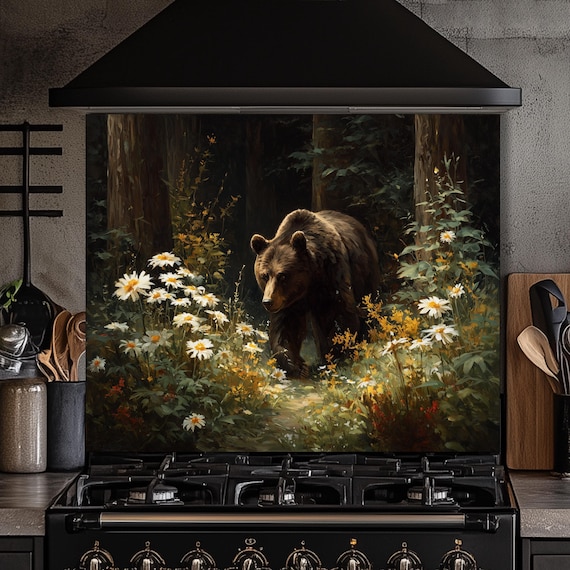 Copper Bear Backsplash: Hand-Embossed Tempered Glass, Rustic Cabin Kitchen
