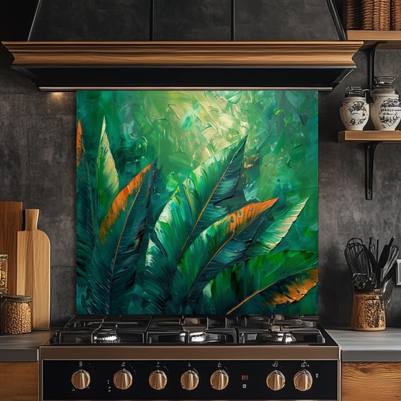Tropical Jungle Leaf Kitchen Backsplash, UV Printed Tempered Glass Art, Custom Size Design