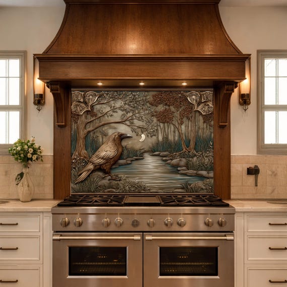 Tempered Glass Backsplash, Mythical Raven Forest Scene, Copper Relief Look Wall Panel