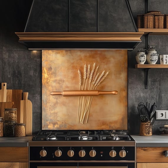 Copper Look Tempered Glass Kitchen Backsplash: Wheat & Rolling Pin Design