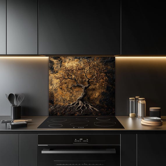 Rustic Gold Tree of Life Tempered Glass Kitchen Backsplash