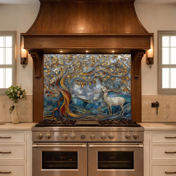 Tree of Life Glass Backsplash, Blue Gold Landscape Kitchen Wall Panel