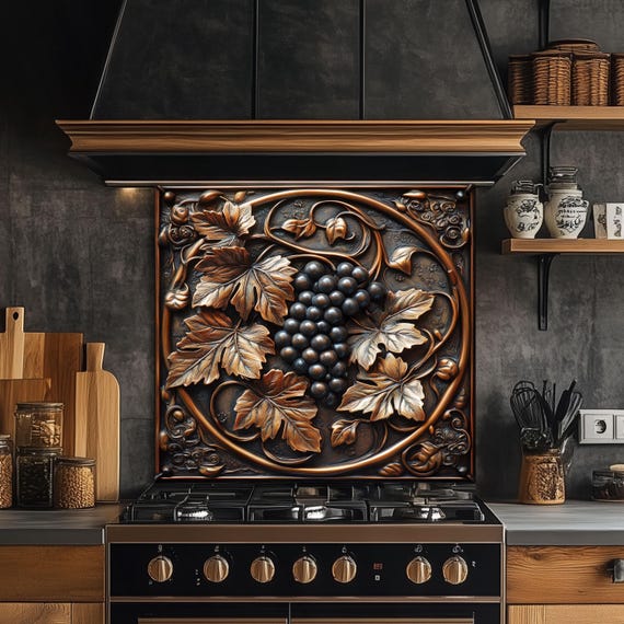 Grapevine Tempered Glass Kitchen Backsplash: Rustic Vineyard Decor