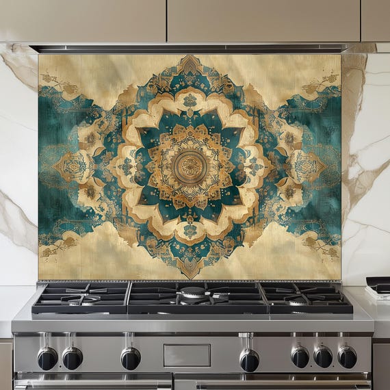 Moroccan Style Glass Backsplash, Heat Resistant Stove Guard, Custom Size Kitchen Art