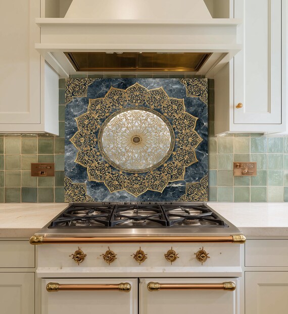 Royal Gold Star Backsplash, White Marble Stove Guard, Custom Size Glass Art
