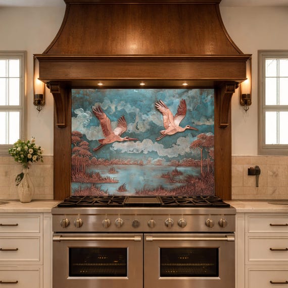 Copper Relief Flying Storks Tempered Glass Backsplash, Rustic Nature Wall Panel, Stove Guard