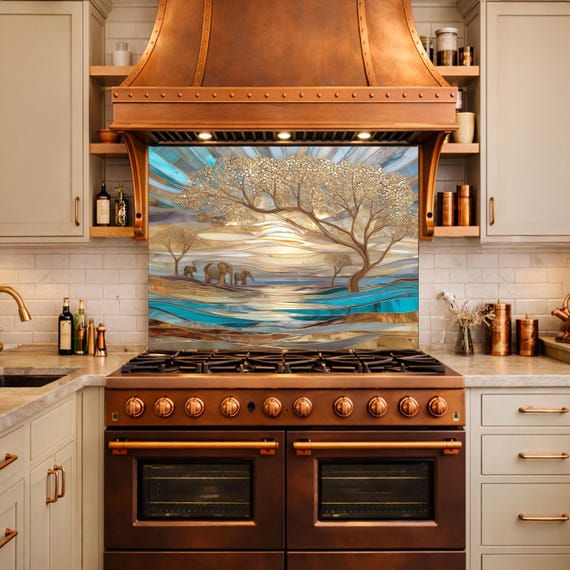 Luxury Elephant Glass Backsplash Blue Gold Savannah Tree Kitchen Wall Panel Art