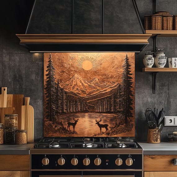 Tempered Glass Kitchen Backsplash: Copper Mountain & Deer Scene