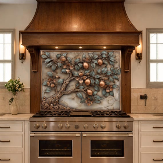 Rustic Lemon Tree Tempered Glass Backsplash, Copper Look Citrus Fruit Wall Panel, Custom Size