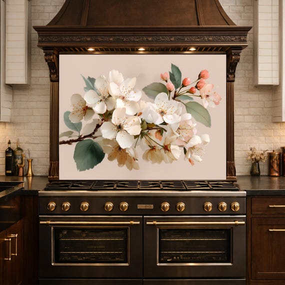 Vintage Flower Glass Backsplash, Kitchen Wall Art, Cherry Blossom Panel, Floral Kitchen Decor